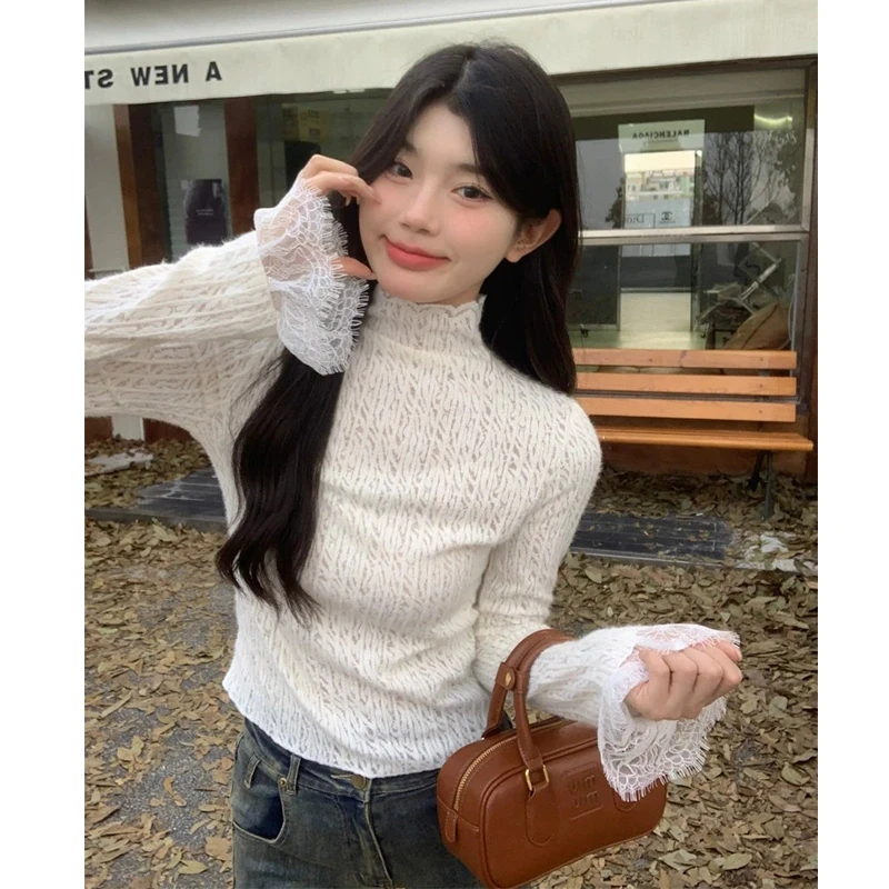 高领白色蕾丝长袖洋气打底衫女秋冬温柔修身显瘦内搭上衣蕾丝衫