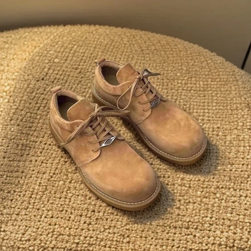 巴黎德比鞋反绒皮大头鞋男潮牌厚底米奇低帮大黄靴圆头内增高皮鞋