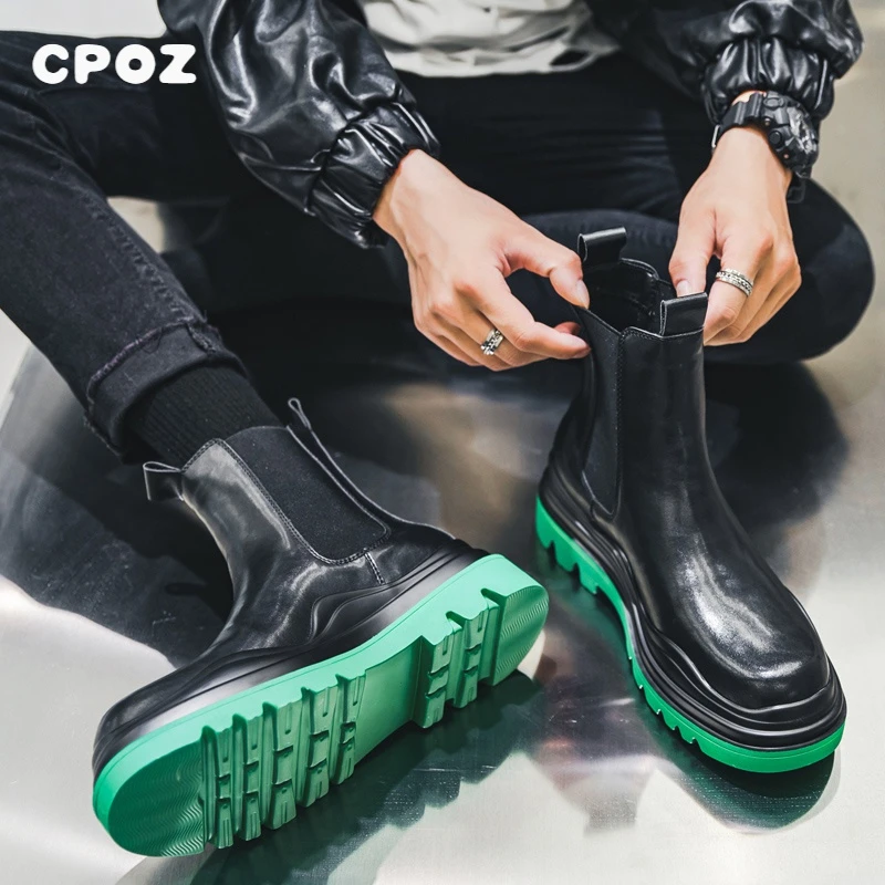 高帮切尔西靴男皮潮英伦风靴子工装冬季加绒皮鞋绿底男款马丁靴