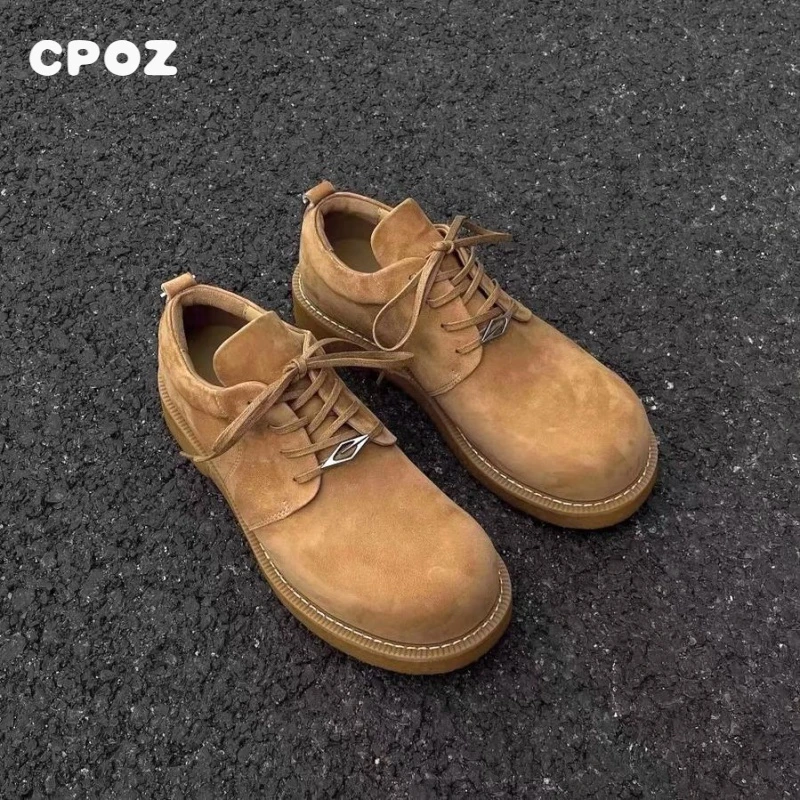 巴黎德比鞋反绒皮大头鞋男潮牌厚底米奇低帮大黄靴圆头内增高皮鞋