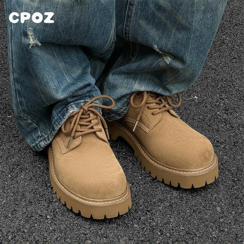 明星同款磨砂皮低帮大黄靴男秋冬厚底圆头德比鞋子复古英伦工装鞋