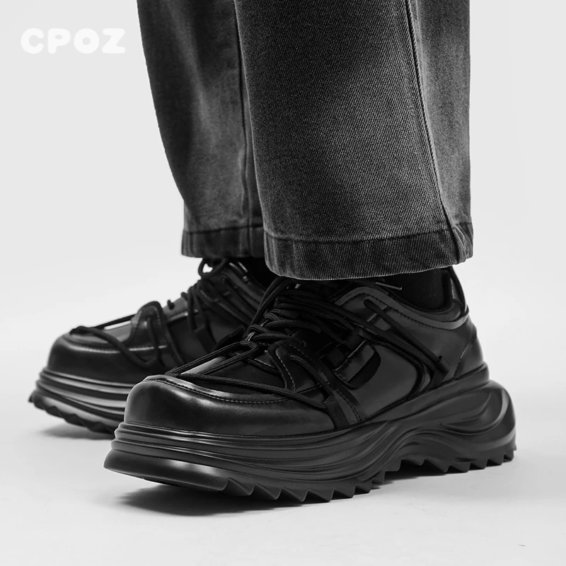 CPOZ全黑色厚底老爹鞋男款增高休闲百搭潮鞋高级感真皮方头德比鞋