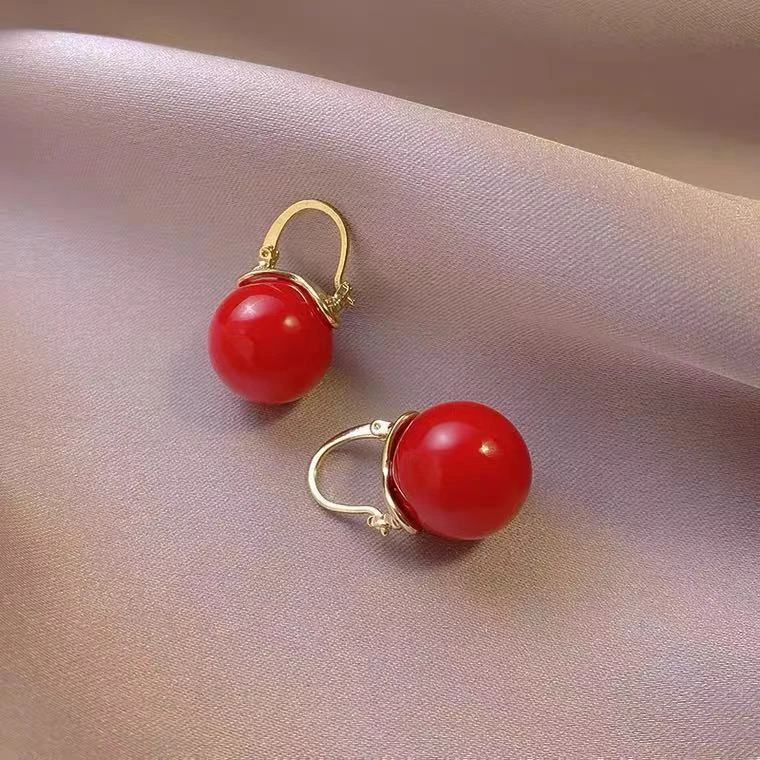 红色小众高级感耳环韩国轻奢珍珠耳钉简约冷淡风
