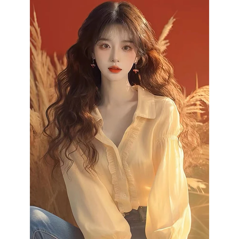 黄色衬衫女长袖秋装2024新款时尚洋气高级感独特别致漂亮早秋上衣