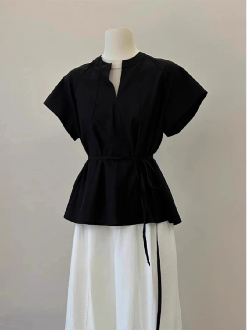 新中式黑色短袖衬衫女秋季2024新款高级感国风气质收腰显瘦套装