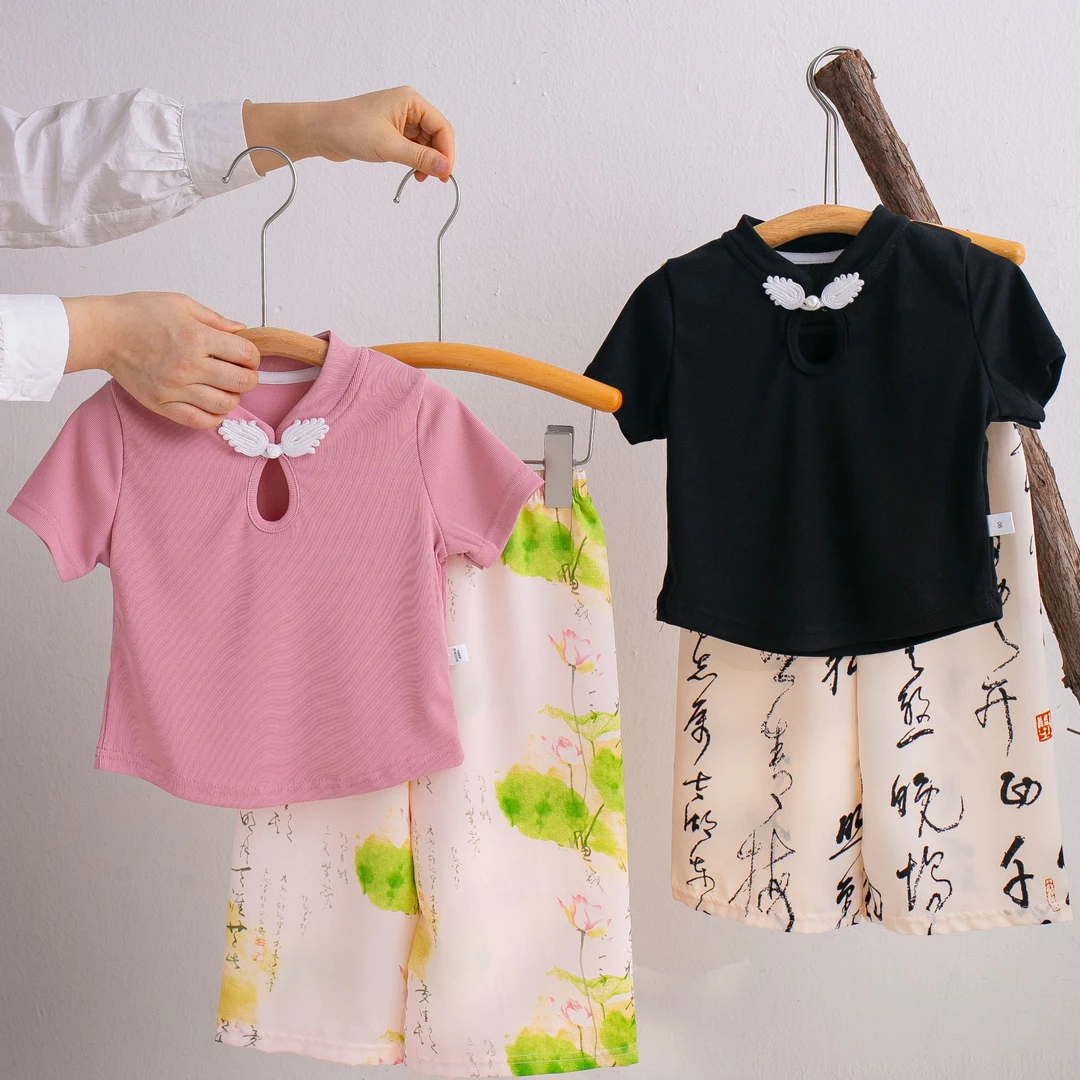 TG夏季新中式国风套装复古洋气新款盘扣水墨画短袖阔腿裤两件套