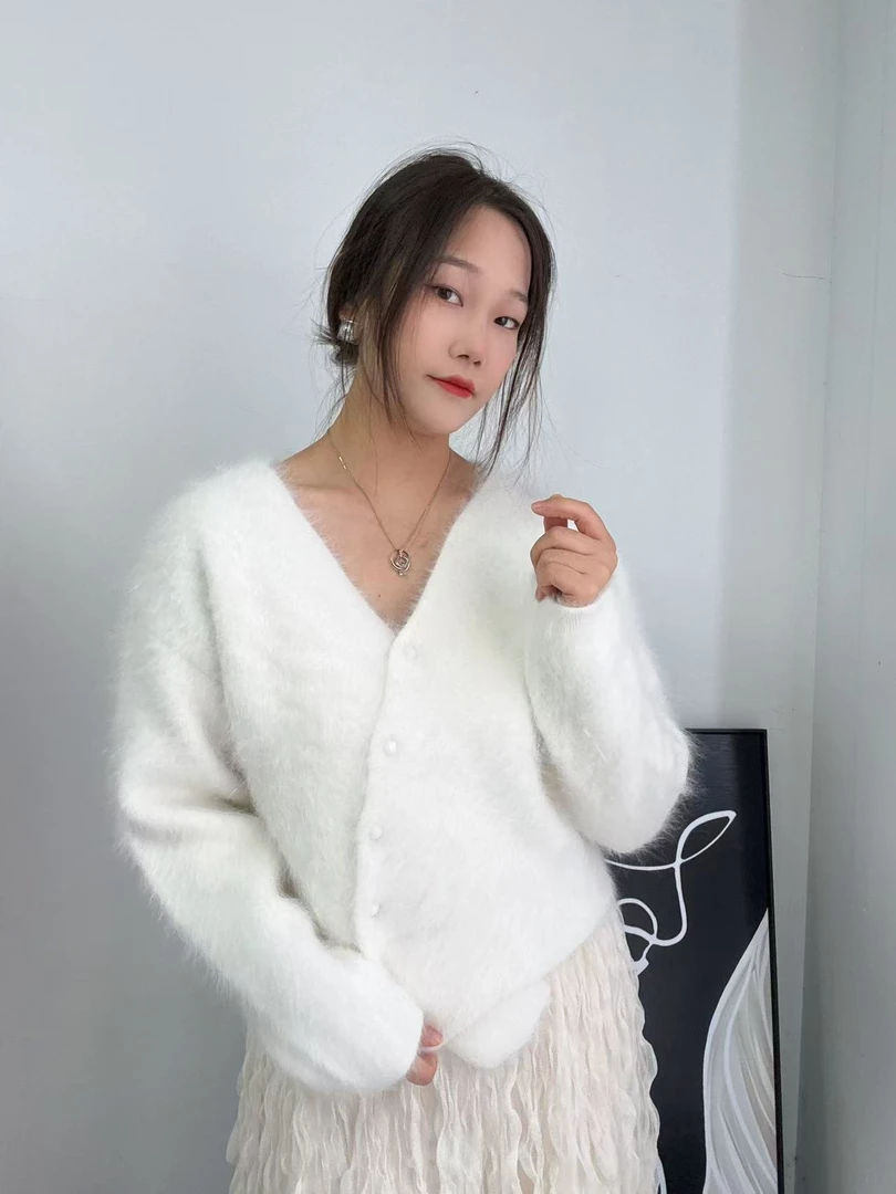 设计感浣熊拉毛圆领针织开衫女宽松美拉德风加厚毛衣外套2023秋