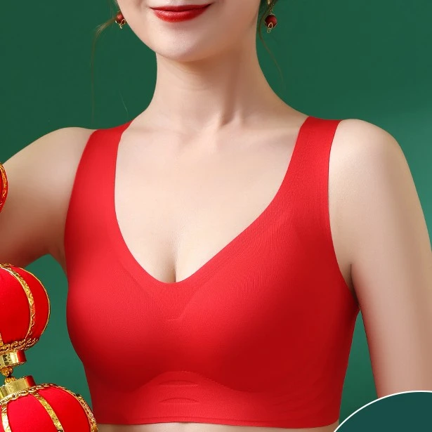 本命年红内衣女生大码属虎年大红色无痕文胸聚拢无钢圈胸罩背心式