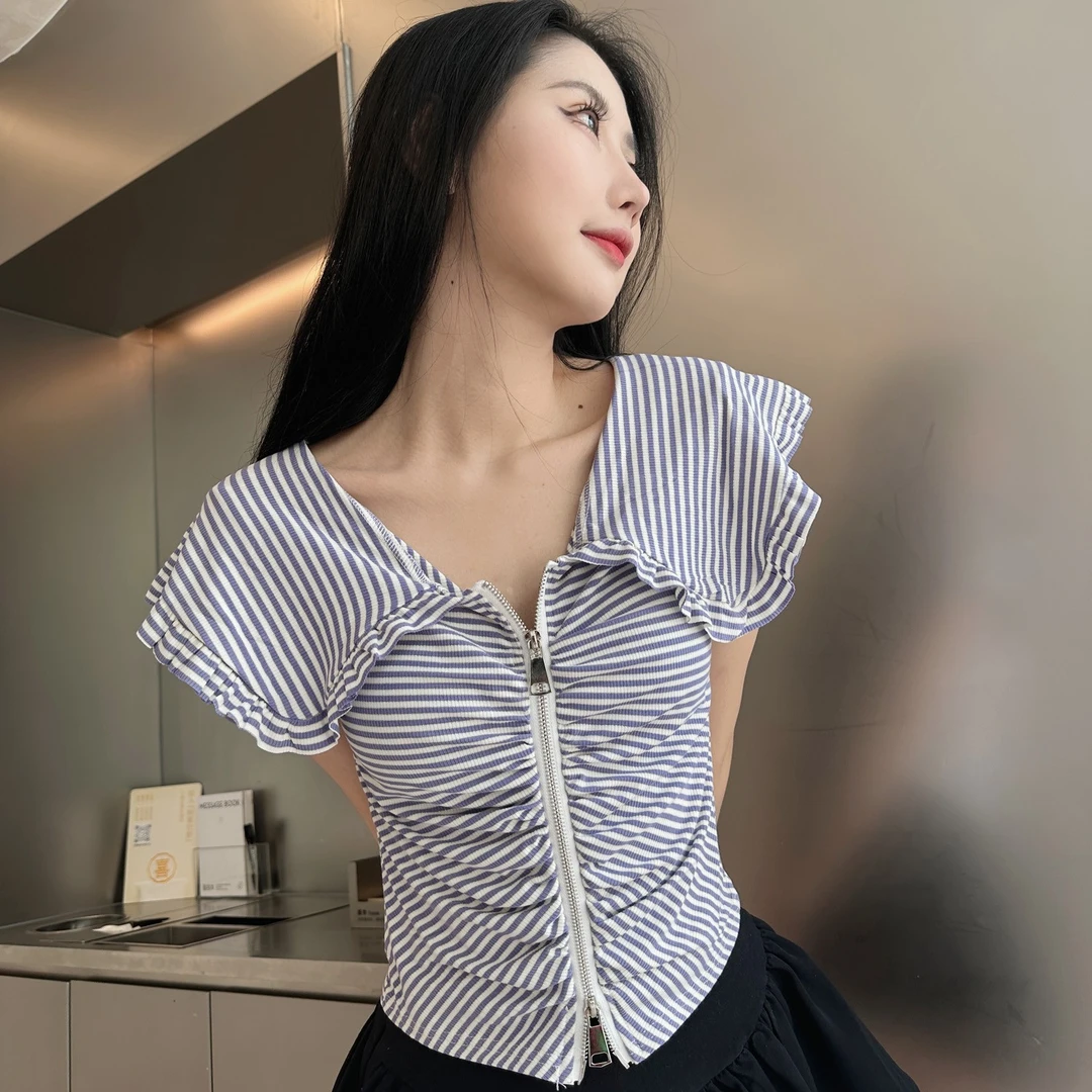 紫色褶皱拉链大翻领波浪边设计显瘦高腰T恤青春条纹修身短款上衣