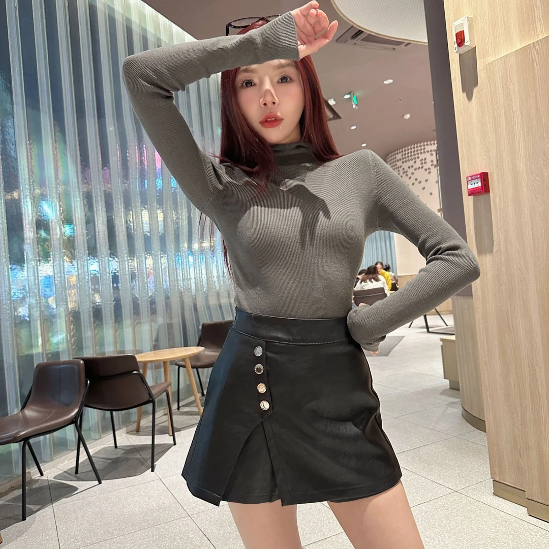 小开叉设计皮裙暗扣高腰pu皮半身裙裤纽扣时尚A字裙显瘦皮裙裤冬