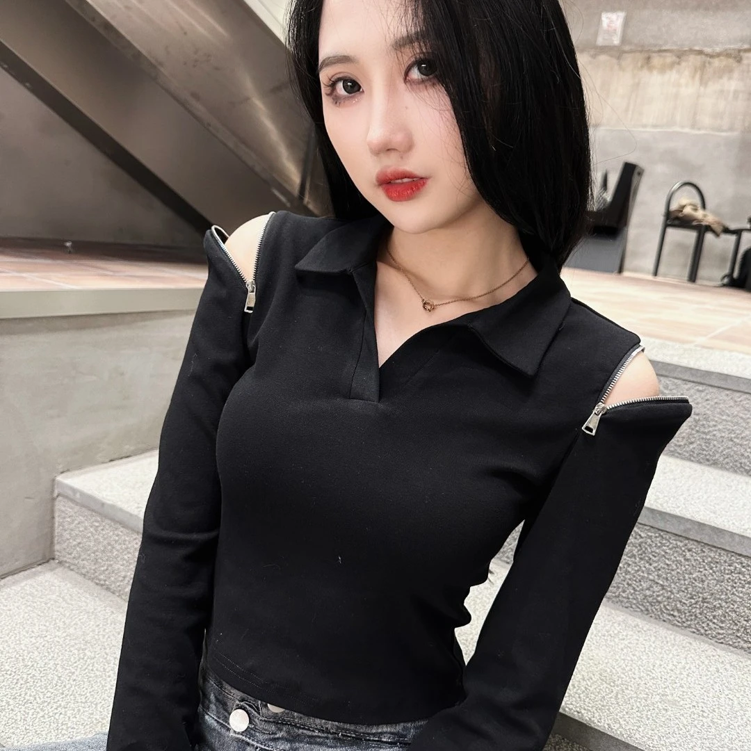 秋冬新款拉链翻领T恤弹力棉女修身显瘦高领显瘦束腰长袖上衣短款