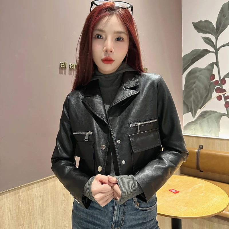 双口袋拉链机车皮夹克秋冬潮款街头时尚修身短款皮衣女外套显瘦