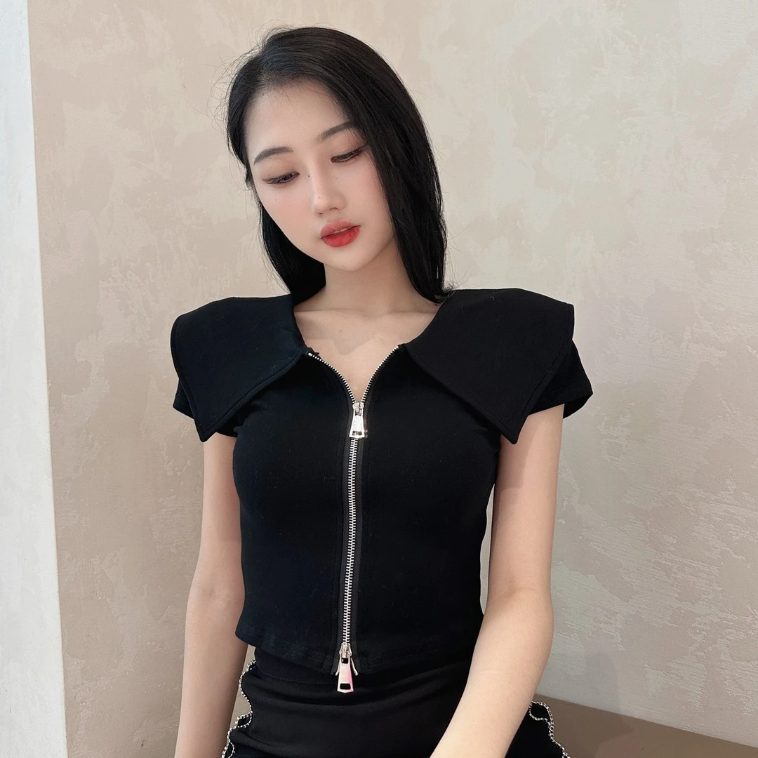 双领拉链T恤设计感夏季棉弹力显瘦不规则欧美短款打底上衣高腰女