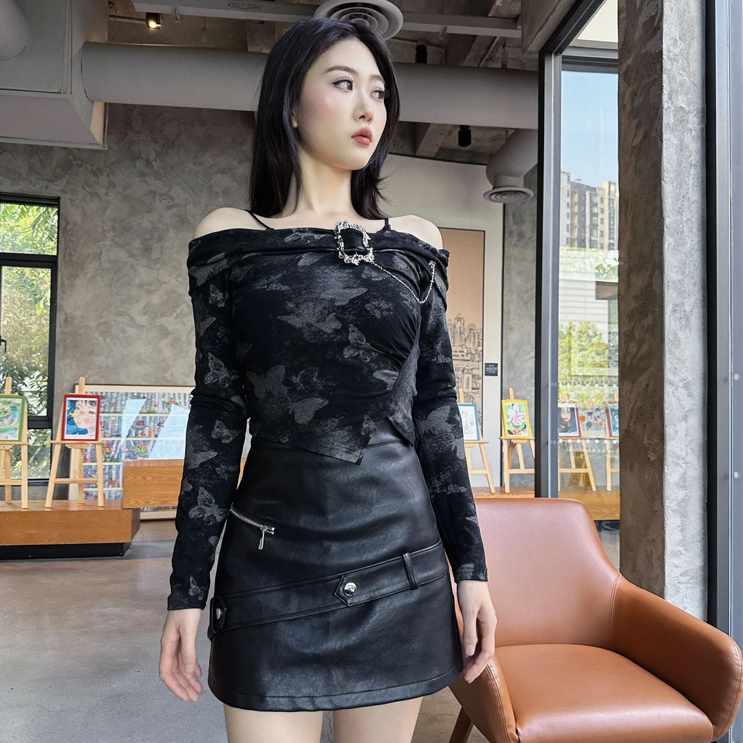 假腰带设计装饰韩版洋气时尚显高显瘦皮裙半身黑色pu皮半身裙裙