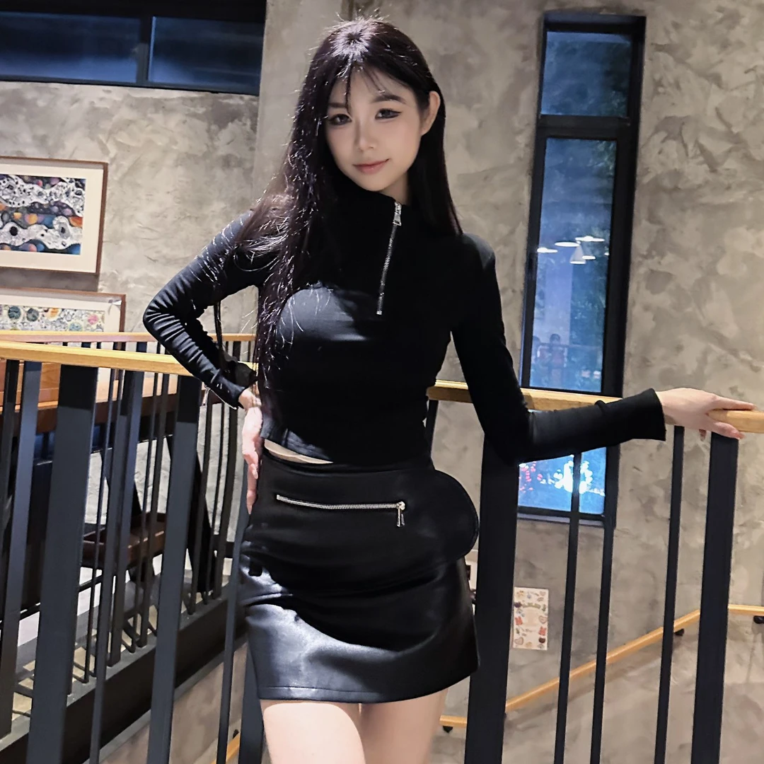 拉链装饰魔术贴小A包臀短裙时尚洋气显高显瘦半身高级pu皮半身裙