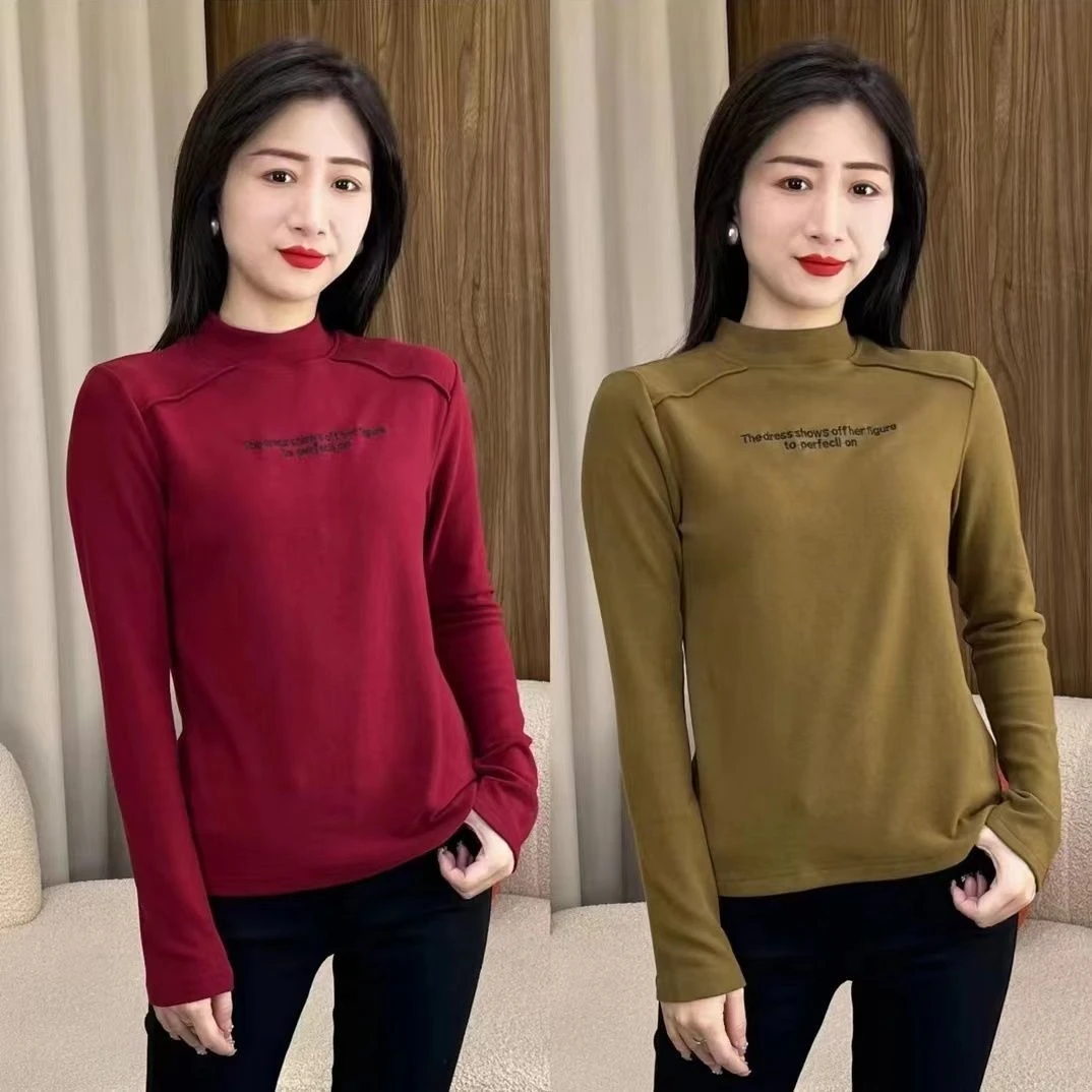 高档妈妈装德绒长袖T恤女秋冬季新款套头休闲上衣休闲显瘦打底衫