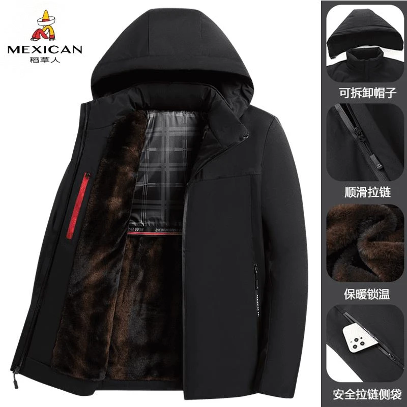 稻草人秋冬季男士加绒加厚款中老年保暖棉袄服中长款棉衣连帽外套