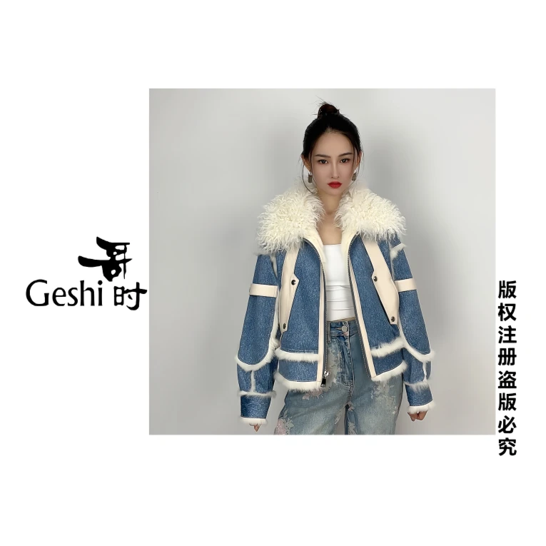哥时GeshiB008冰岛羊毛雪兔一体秋冬设计师2023年新款加绒撞色