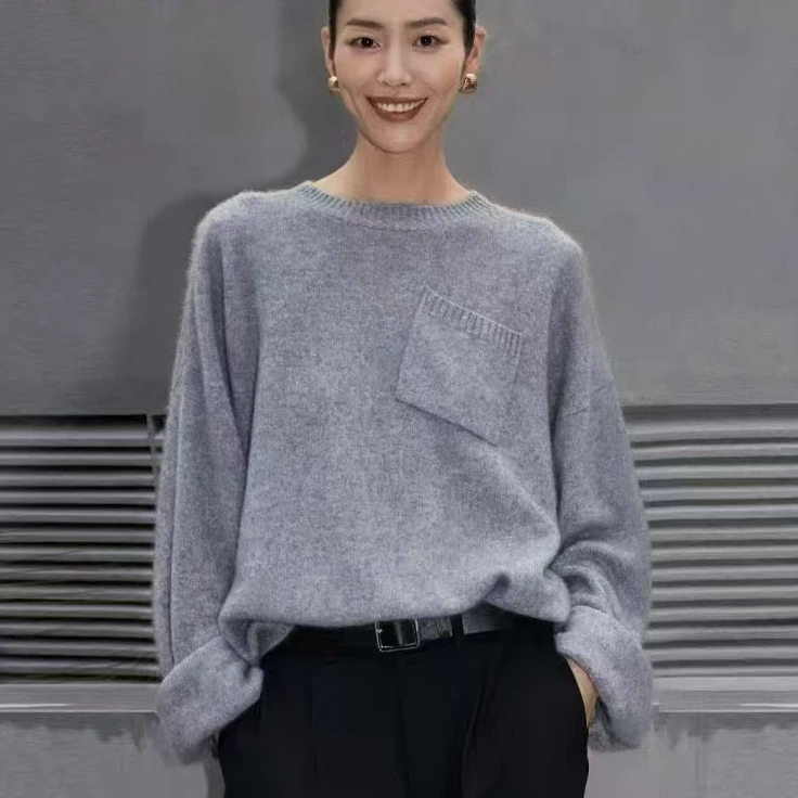 【大表姐同款】拉绒大牌风圆领毛衣长袖羊绒羊毛休闲打底冬装松弛感