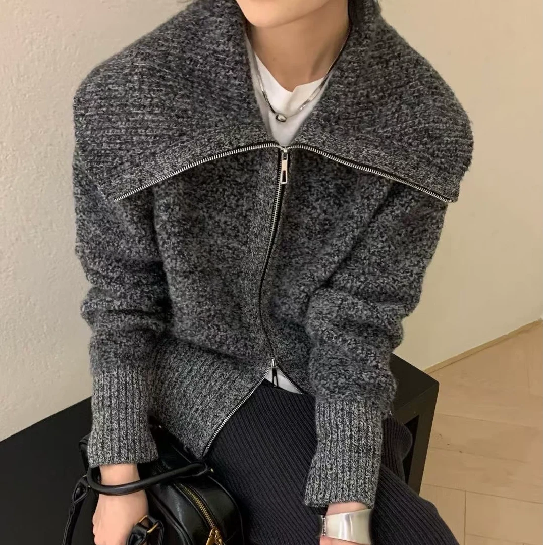 双拉链纯羊毛外套圈圈毛开衫加厚全羊毛衫大衣长袖秋冬装花纱翻领