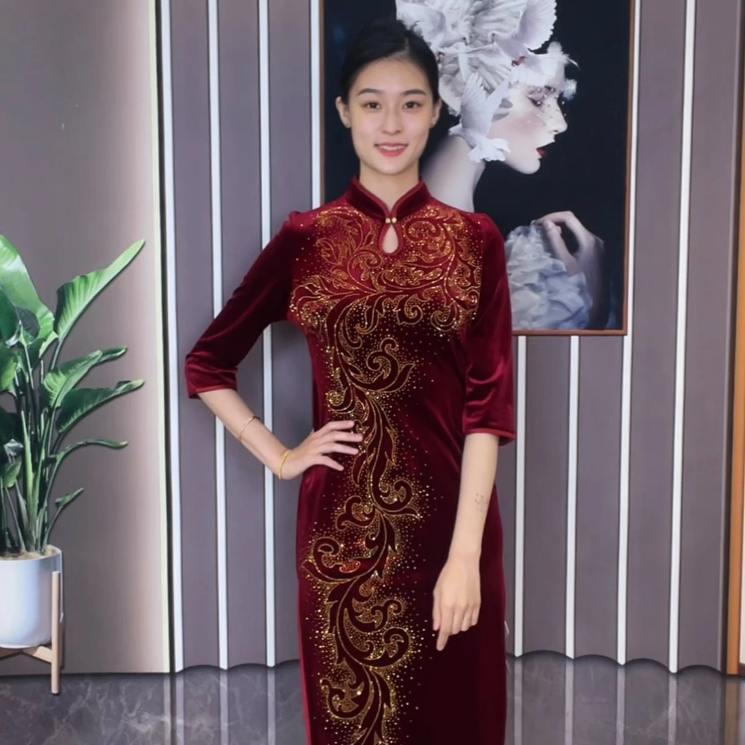 喜婆婆喜妈妈旗袍连衣裙两色(红、紫)可选86329