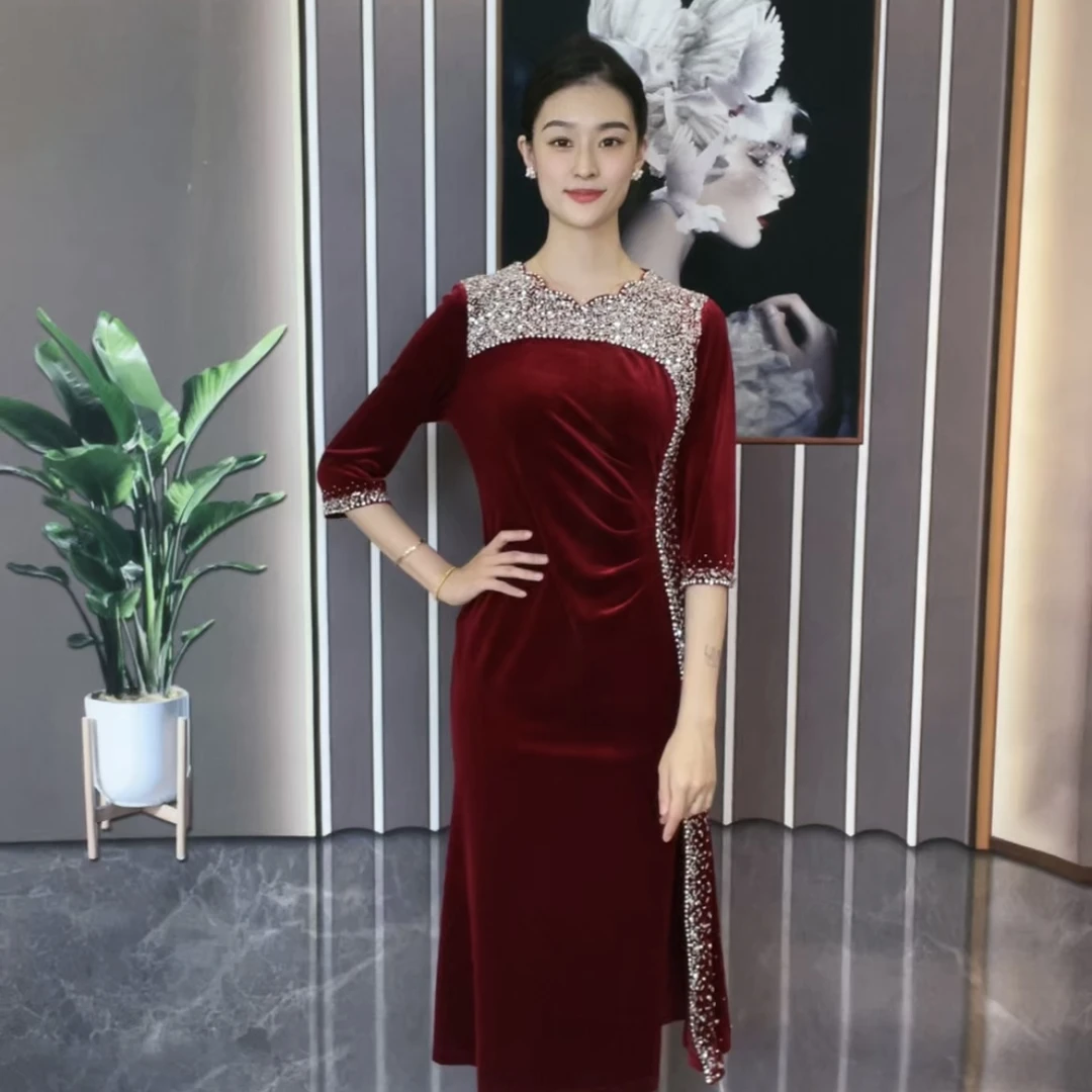 87325进口金丝绒婚宴喜妈妈高端礼服鱼尾裙显瘦时尚气质