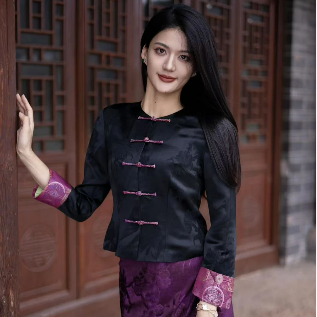 玉家人【紫罗兰】黑色醋酸宋锦袖气质女装民族服装国风民族风傣装