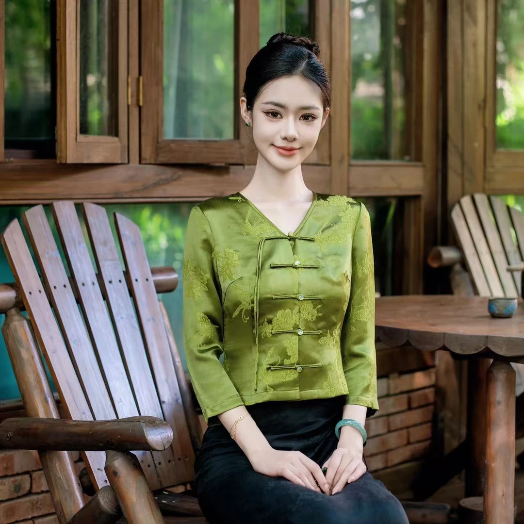 玉家人【曼秋香】绿色桑蚕丝气质女装民族服装国风民族风傣装