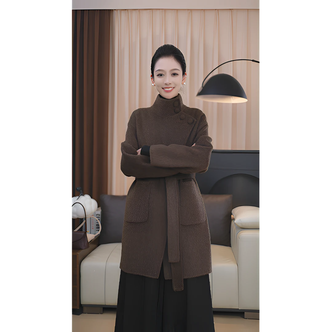 2024秋冬新款双面羊毛呢中长款女士时尚百搭复古高领双面羊毛呢