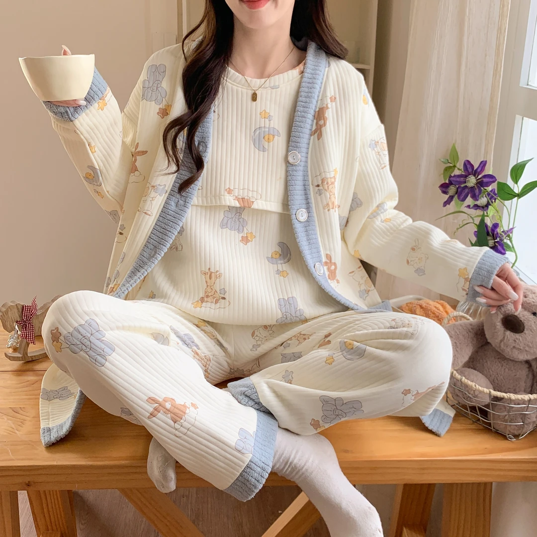 【三件套空气棉】孕妇睡衣秋冬季月子服哺乳夹层产后中厚款喂奶套装