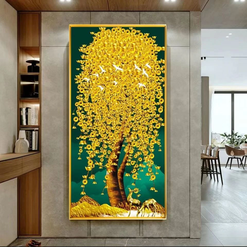 入户门玄关装饰画走廊过道发财树玄关画现代轻奢抽象高档镶钻晶钻