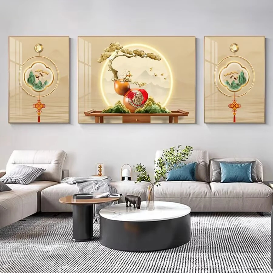 办公室沙发装饰画新中式现代简约轻奢三联画客厅高档晶瓷镶钻挂画