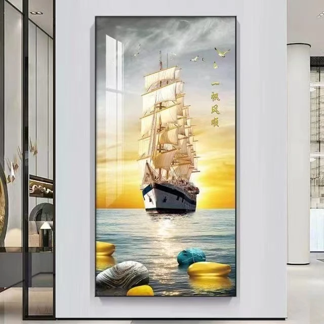 新中式玄关过道画竖版立体带灯轻奢时尚高档镶钻晶瓷画入户装饰画
