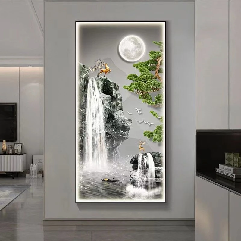 现代风景山水晶瓷晶钻入户门玄关走廊过道尽头带灯背景墙装饰挂画