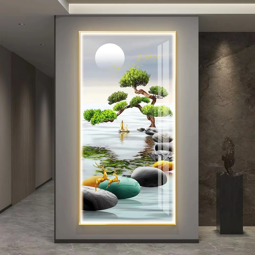 轻奢现代山水走廊玄关装饰抽象立体中式框入户过道镶钻晶瓷灯光画