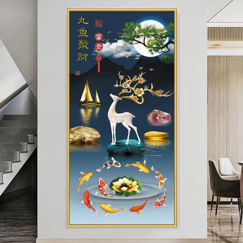 高档九鱼图现代轻奢晶瓷入户门装饰过道走廊晶瓷晶钻灯光玄关挂画