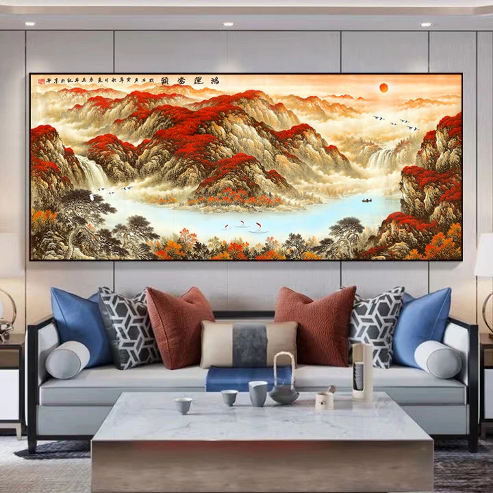 新中式鸿运当头办公室茶桌中堂客厅背景横幅晶瓷晶钻灯光装饰挂画