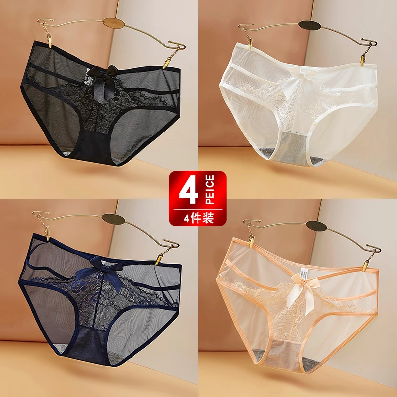 透明性感蝴蝶结蕾丝内裤女镂空无痕火辣纯欲棉裆三角裤女4条装