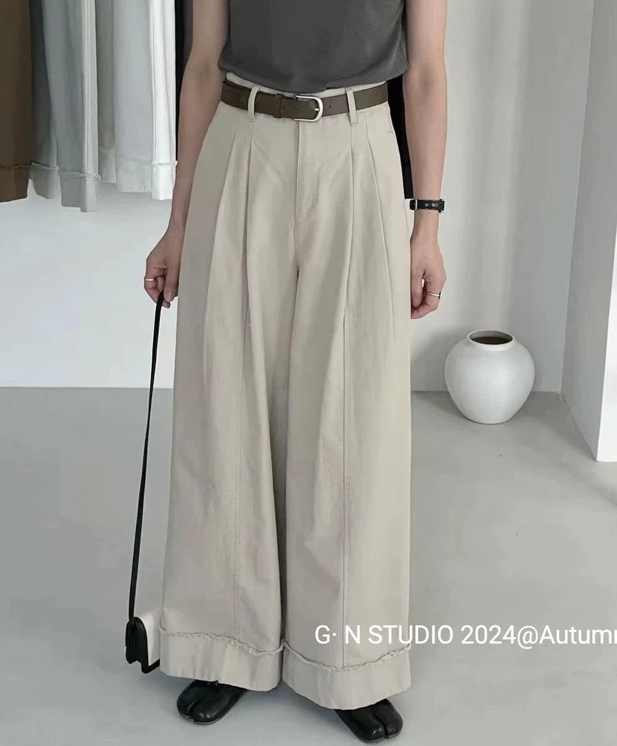 露露 韩版高腰时尚纯色复古须边（贝贝绒）休闲直筒阔腿裤（带腰带）