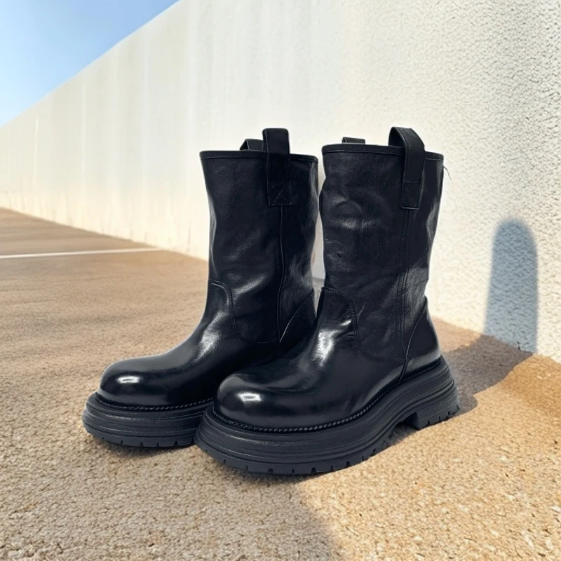 水洗马皮中筒靴女秋冬骑士靴大筒围百搭英伦风短靴舒适2308-3