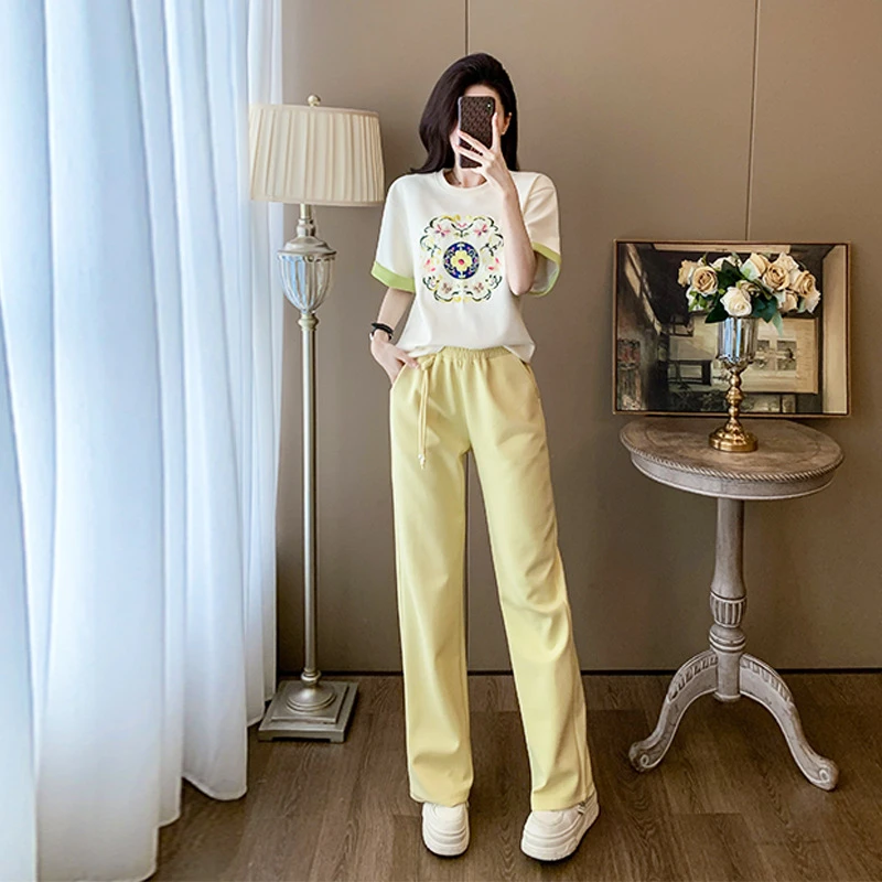 匡絮 KUAN XU 休闲时尚运动套装夏季显瘦收腰印花短袖长裤两件套