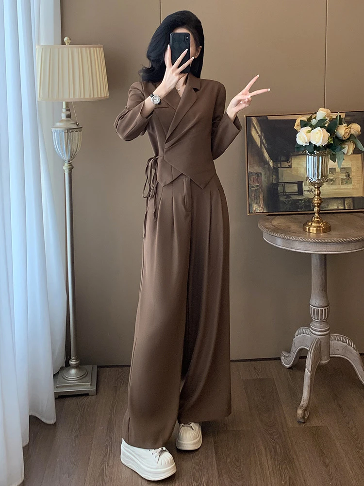 匡絮高级感职业西装套装女秋季绑带收腰短款上衣高腰阔腿裤两件套