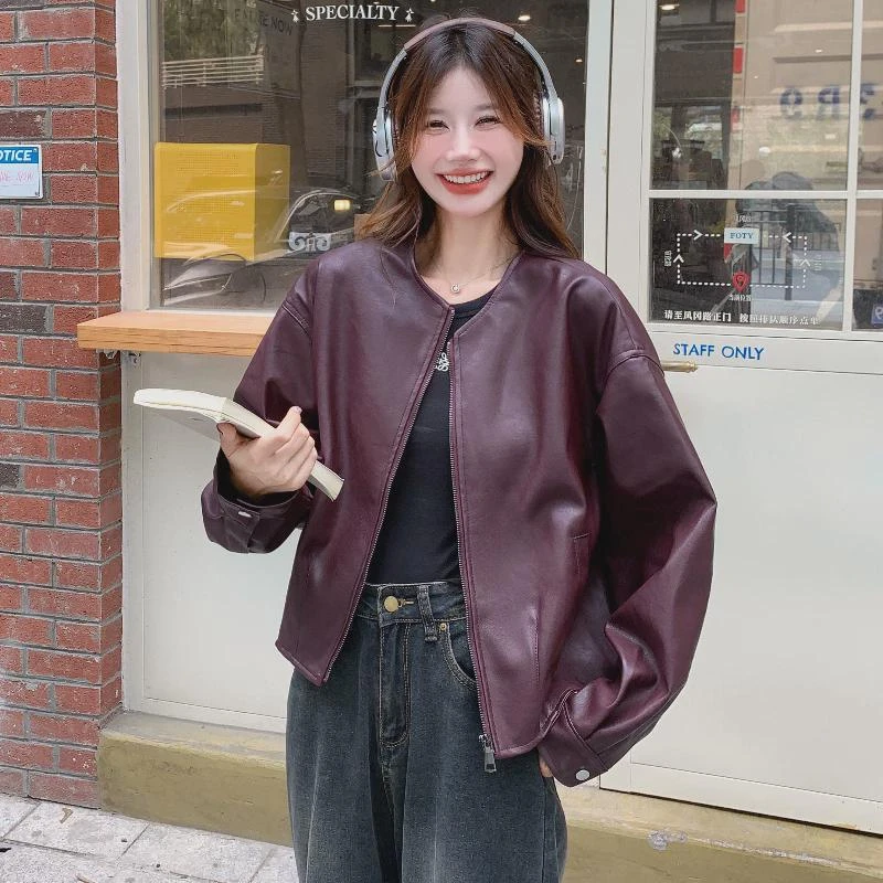 安克拉红气质皮衣外套女春秋2024新款高级感宽松显瘦夹克短款上衣