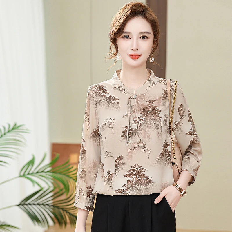 妈妈装春夏款雪纺小衫时尚水墨画新款上衣中老年人洋气九分袖t恤