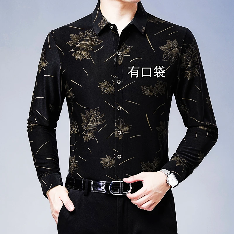 春秋长袖花衬衫男中年碎花爸爸装宽松休闲衬衣薄款免烫有口袋