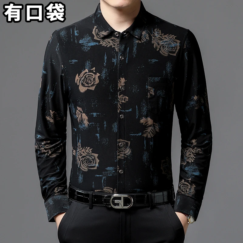 春秋长袖花衬衫男中年碎花爸爸装宽松休闲衬衣冰丝薄款免烫有口袋