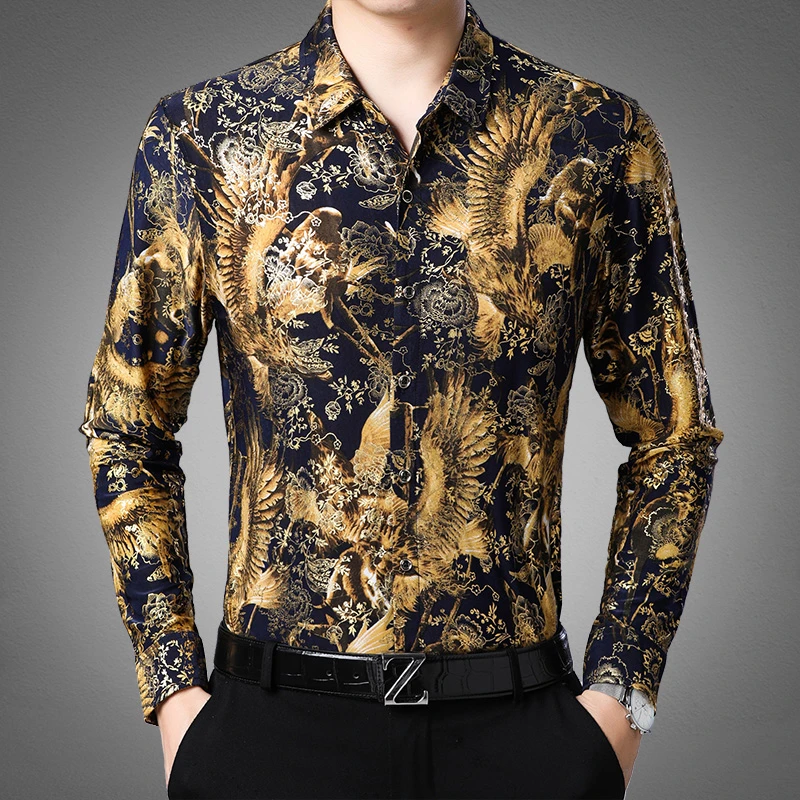 春秋长袖花衬衫男中年碎花爸爸装宽松休闲衬衣冰丝薄款免烫有口袋