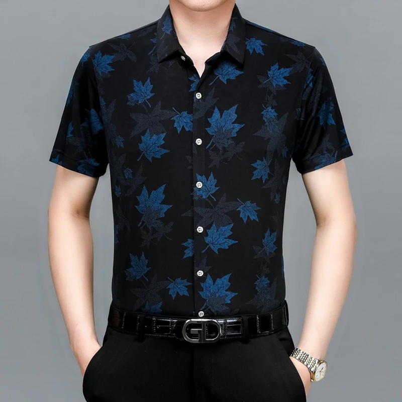 夏季新款中年男士短袖花衬衫冰丝休闲透气爸爸装印花半袖衬衣碎花