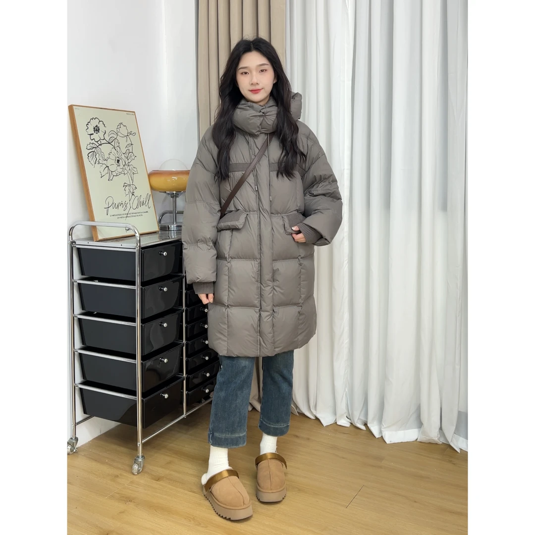 【张柒月】韩版连帽设计感软糯阔版显瘦中长款90白鸭绒羽绒服外套女