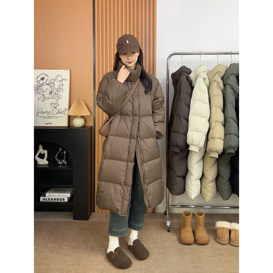 【张柒月】立领方格显瘦90白鸭绒冬季加厚中长款羽绒服外套